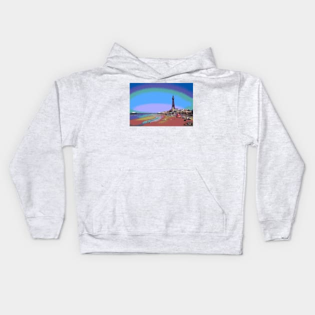 Blackpool Tower and Beach Posterized Kids Hoodie by mariakeady